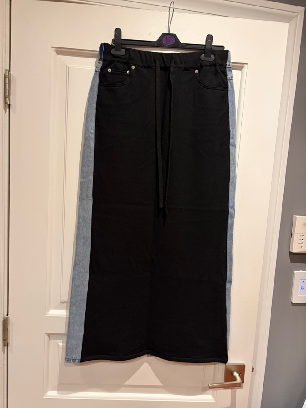 Black Midi Skirt with Light Denim Side Panels